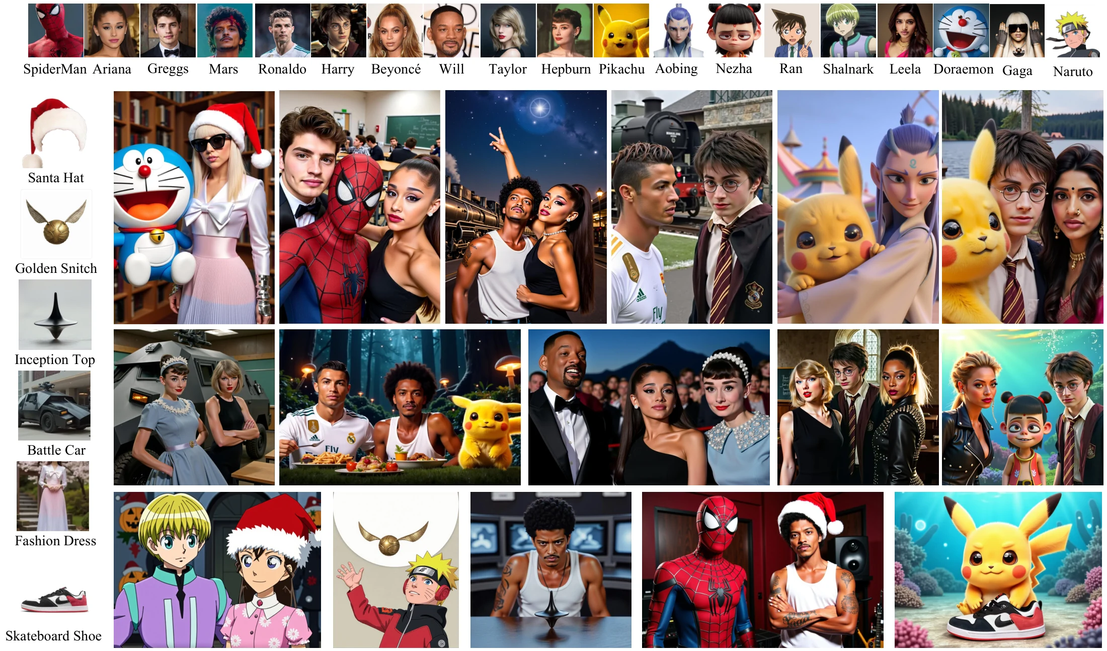 Gallery of FreeFuse generations across realistic people, stylized characters, creatures, clothes, objects and vehicles.